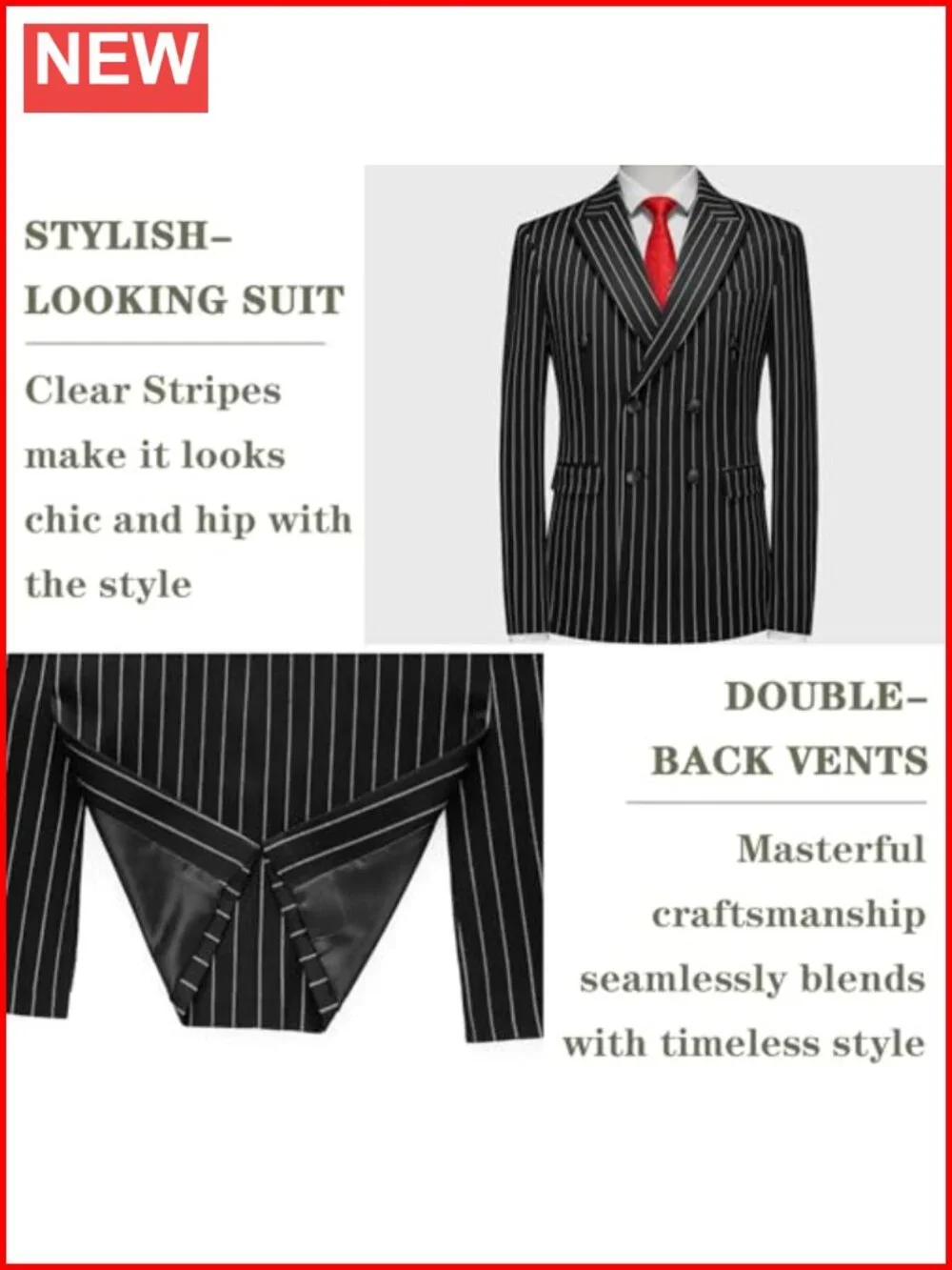 Mens Double Breasted Pinstripe Suit 2 Piece Slim Fit Vintage Tuxedo Wedding